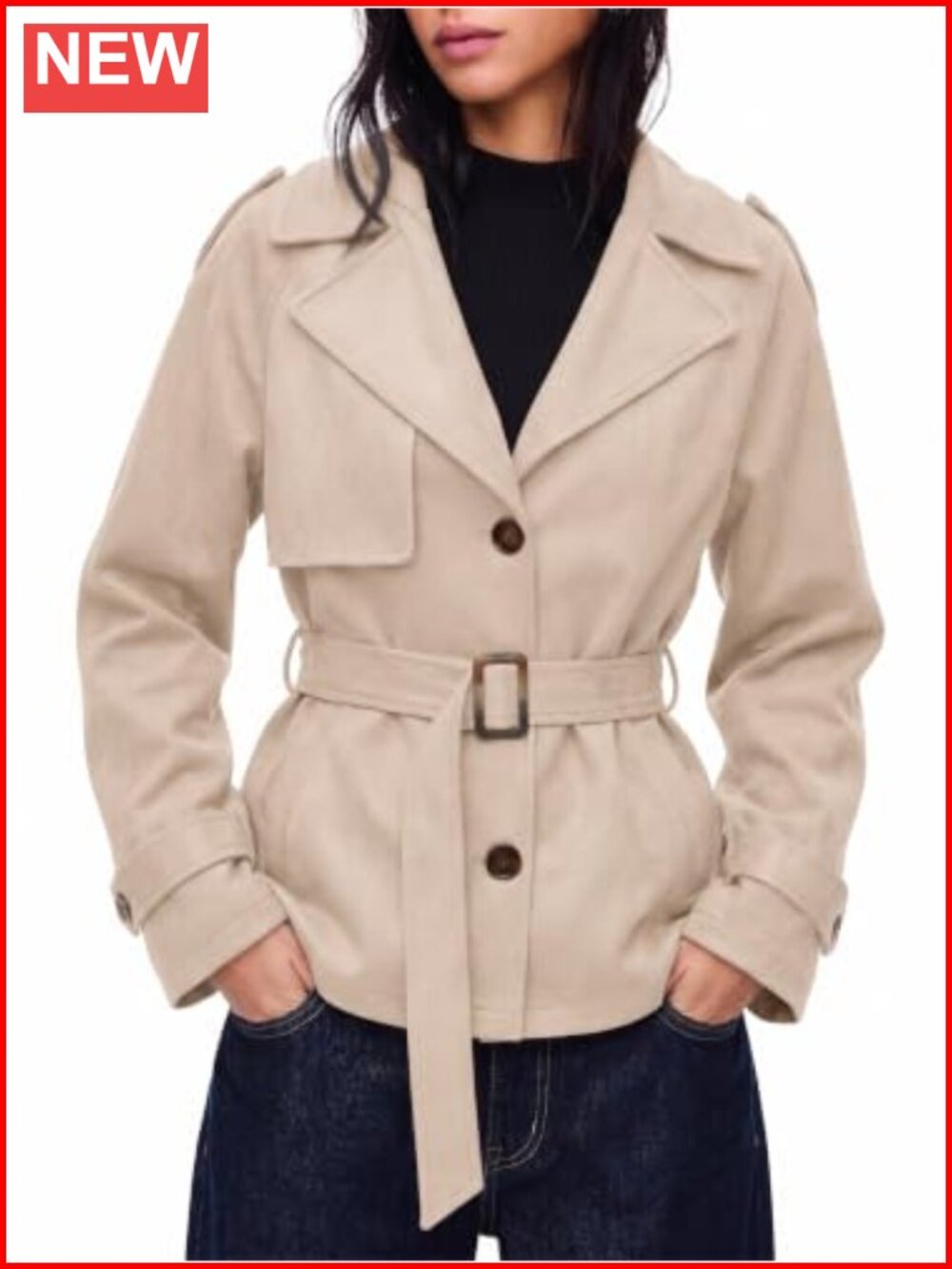 Women's Faux Suede Short Trench Coat with Belted Waist